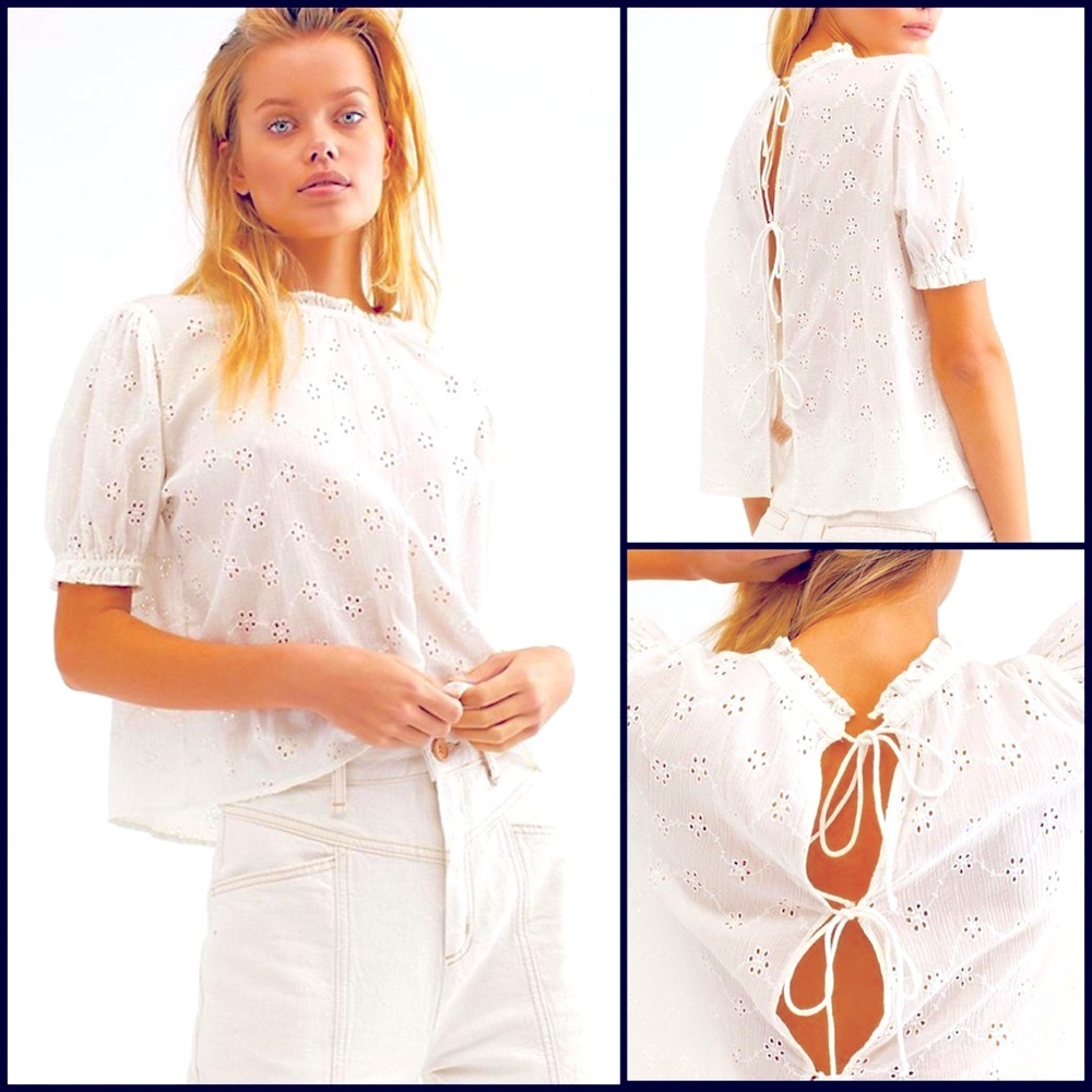 Free People White Eyelet Puff Sleeve Blouse Top - Picture 3 of 13
